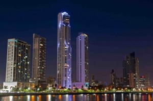 Skyline of Panama City Panama at night.