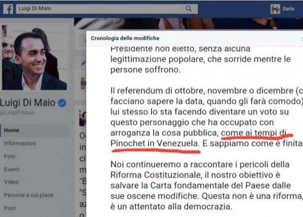Luigi Di Maio la informo Pinochet era dittatore in Cile non in Venezuela