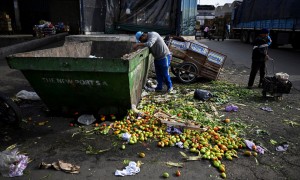Povertà in Argentina - un uomo rovista tra la verdura scartata al mercato di Buenos Aires