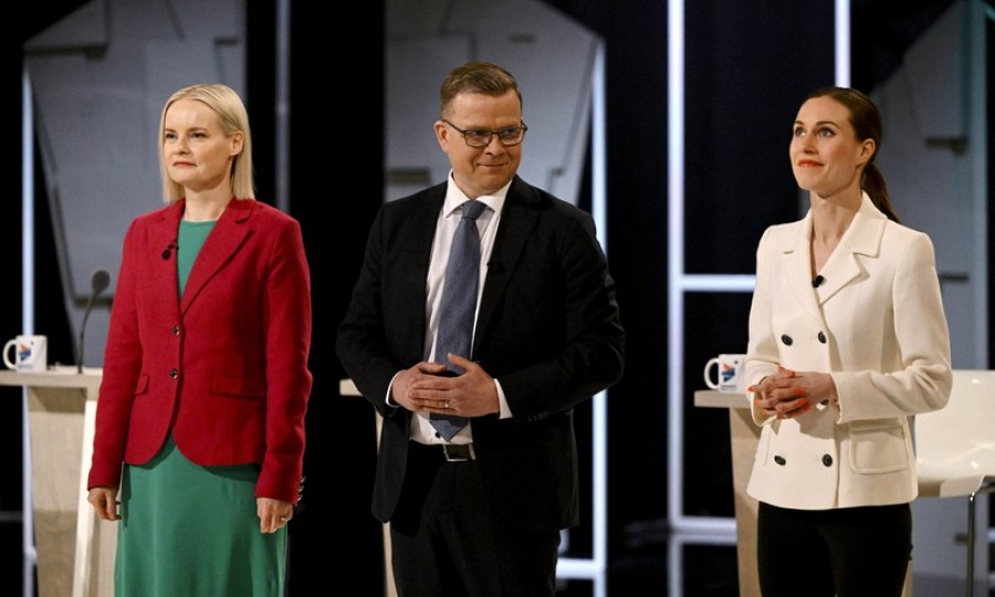 Da sinistra: la leader del Partito Finlandese, Riikka Purra; Petteri Orpo del Partito della coalizione nazionale; la premier uscente, Sanna Marin  