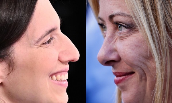 La líder opositora de izquierda Elly Schlein y Giorgia Meloni presidenta del Consejo de Centro Derecha