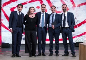 Il candidato premier del M5S, Luigi Di Maio (C), con alcuni dei potenziali ministri del M5S (da sinistra) Giuseppe Conte, Alessandra Pesce, Pasquale Tridico e Lorenzo Fioramonti durante il programma di La7 DiMartedi condotto da Giovanni Floris