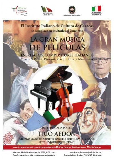 Concierto &quot;La Gran Musica de Peliculas&quot; Instituto Italiano de Cultura  en Auditorio CAF Viernes 18 de noviembre 06:00 pm