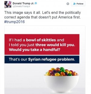Tali padri…il figlio di Trump paragona i rifugiati a caramelle