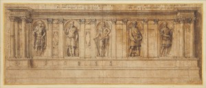  Baldassare Peruzzi (1481-1536)  Progetto per un banco con nicchie contenenti figure di personaggi antichi