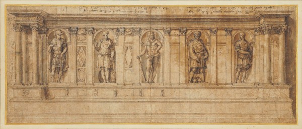  Baldassare Peruzzi (1481-1536)  Progetto per un banco con nicchie contenenti figure di personaggi antichi