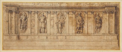  Baldassare Peruzzi (1481-1536)  Progetto per un banco con nicchie contenenti figure di personaggi antichi