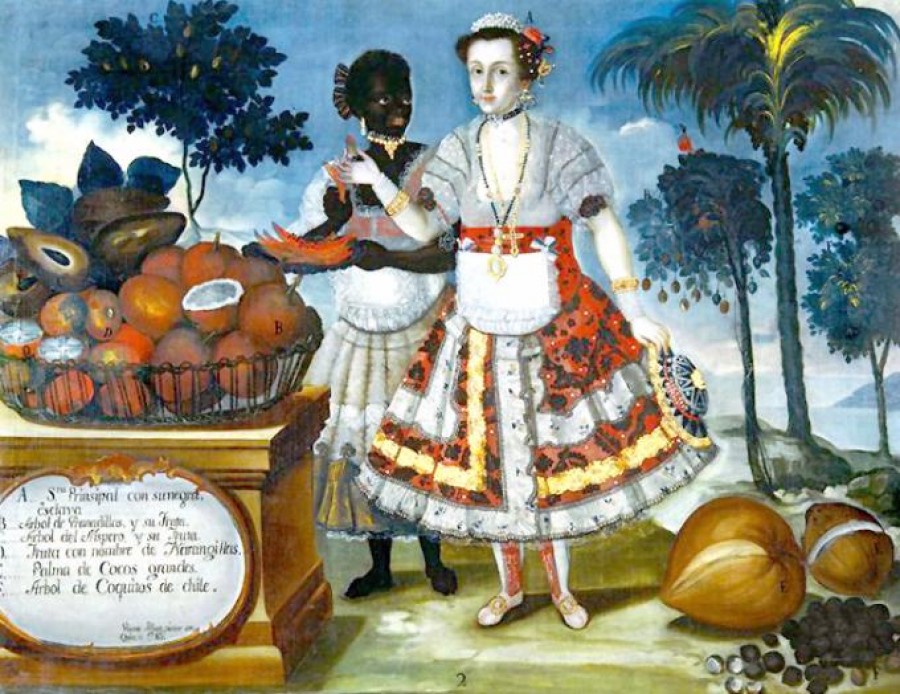 Una pintura de Vicente Albán, 1783, titulado &quot;Frutos de Ecuador&quot;, es una noble española con su esclavo negro