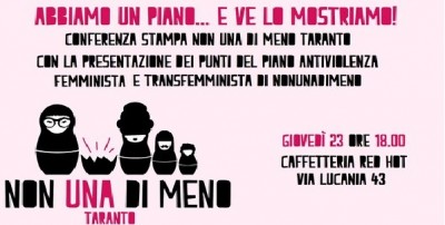 Taranto presenta Piano femminista contro violenza di genere scritto dal movimento Non Una Di Meno