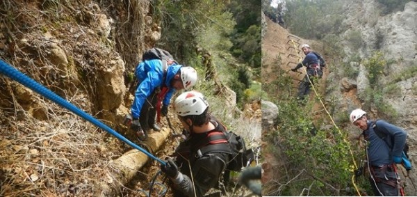 Tecnici scalatori riparano una perdita lungo una parete rocciosa