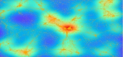 La struttura dell&#039;Universo simulata al calcolatore in una regione di 500x370 milioni di anni luce. I colori descrivono la variazione di densità (crescente dal blu al rosso), mentre le freccette indicano le velocità delle galassie in quelle posizioni.