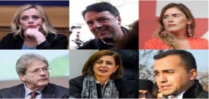 In alto da sinistra Giorgia Meloni, Matteo Renzi, Maria Elena Boschi, Paolo Gentiloni, Laura Boldrini, Luigi Di Maio (Fotogramma)
