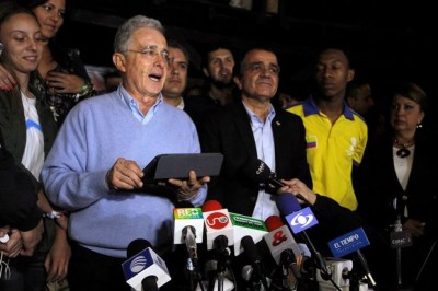 Colombia&#039;s former President Alvaro Uribe during a press conference