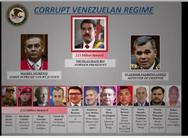 Maduro, Diosdado e 12 leader del regime sono accusati di traffico di droga e riciclaggio di denaro da parte degli Stati Uniti.Taglia da 15 milioni di dollari su Maduro