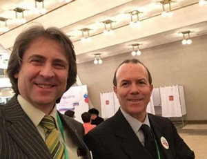Claudio D&#039;Amico, consigliere per le attività strategiche di rilievo internazionale del vicepremier Salvini, ritratto con Gianluca Savoini a Mosca nel giorno delle elezioni presidenziali in Russia, il 18 marzo 2018