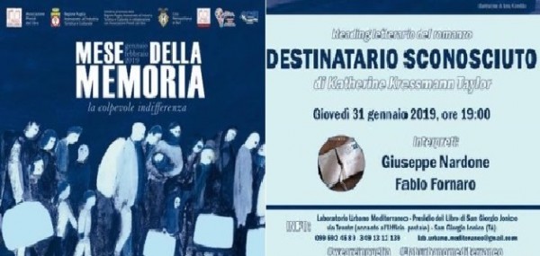 San Giorgio Jonico (Taranto) - Mese della Memoria 2019 Reading letterario  “Destinatario sconosciuto”