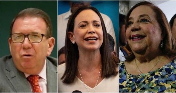 il candidato ammesso dal CNE Edmundo González, Maria Corina Machado leader dell&#039;Opposizione Venezuelana, Corina Yoris candidata dell&#039;Opposizione non ammessa dal CNE