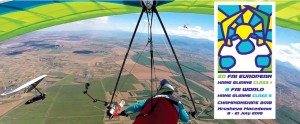 logo del 20° Campionato Europeo deltaplano e una foto di volo in Macedonia
