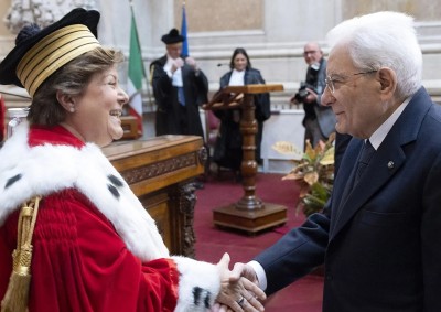  La prima presidente della Cassazione Margherita Cassazione saluta il presidente della Repubblica Sergio Mattarella durante la cerimonia di inaugurazione dell&#039;anno giudiziario dello scorso anno