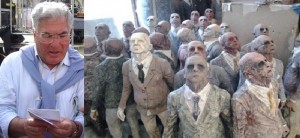 nell'immagine Mario Setta e accanto personaggi in carta pesta in carro di carnevale preso dalla rete