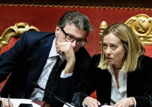 ministro dell&#039;Economia Giancarlo Giorgetti e Giorgia Meloni Premier