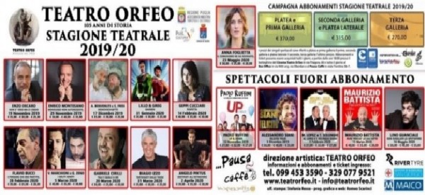 Taranto &ndash; Il cartellone teatrale dei 105 anni dell&rsquo;Orfeo